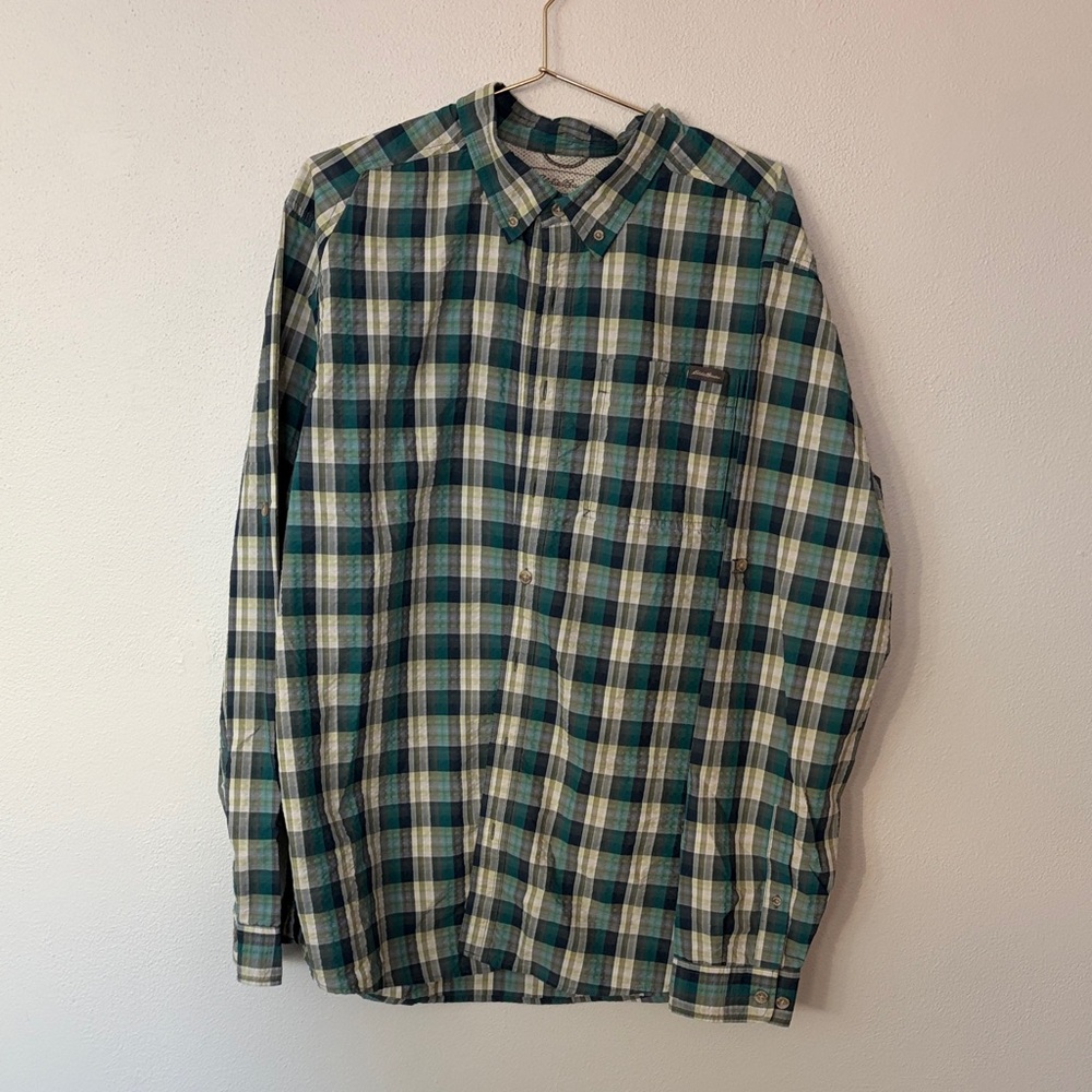 Eddie Bauer Green and Blue Plaid Casual Shirt